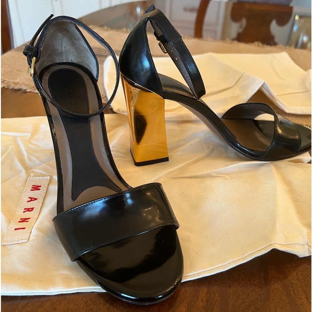 Marni Mary Jane sandals Black Leather Gold Heels 36 1/2 ITALY